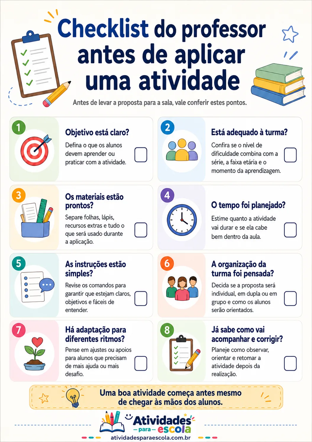 Infográfico com checklist do professor antes de aplicar uma atividade em sala de aula
