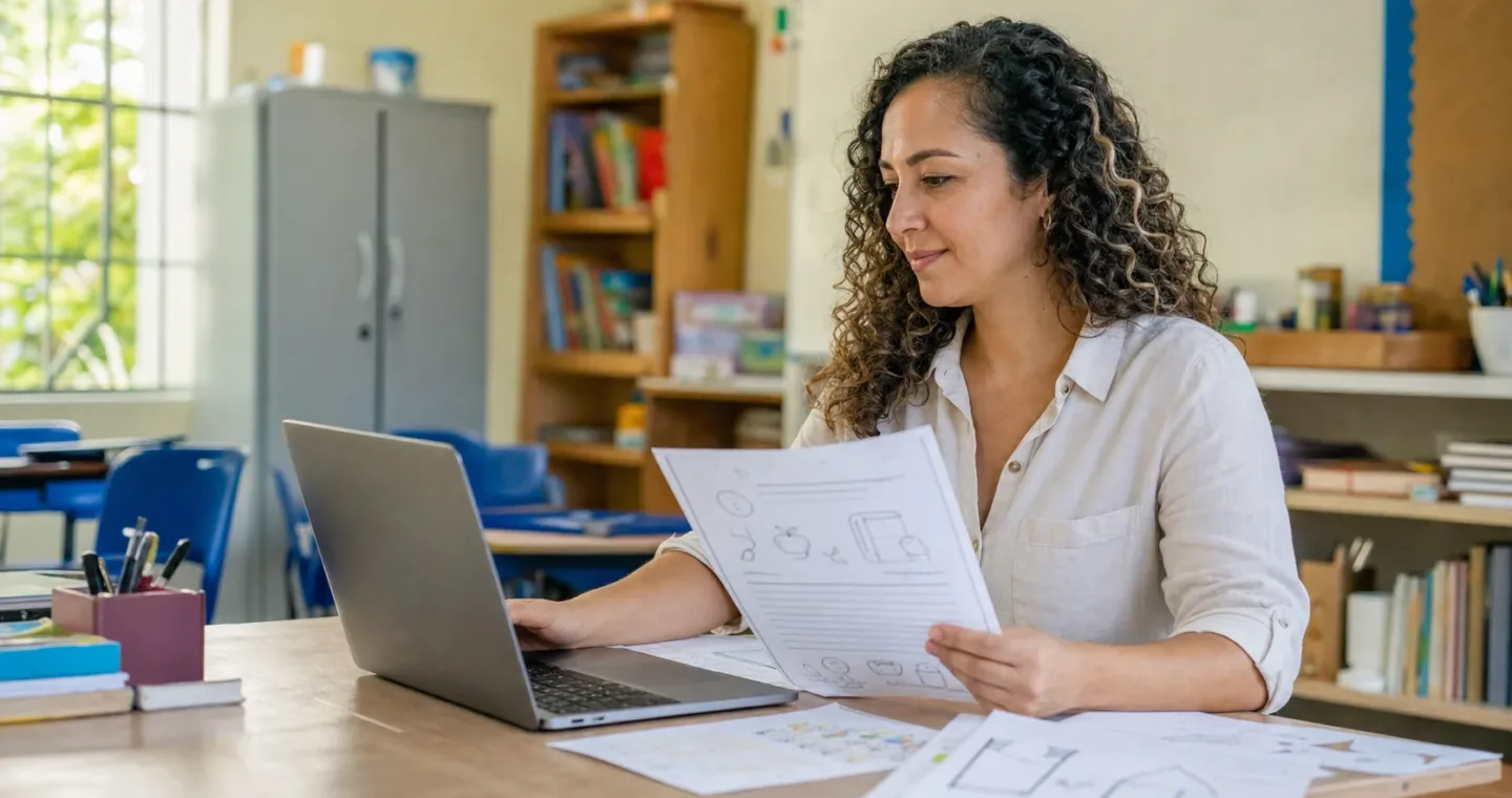 Professora usando atividades prontas e inteligência artificial para planejar aula