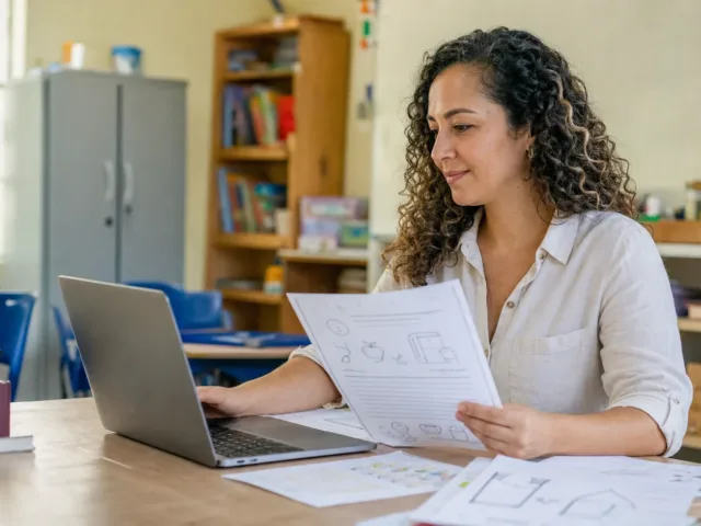 Professora usando atividades prontas e inteligência artificial para planejar aula