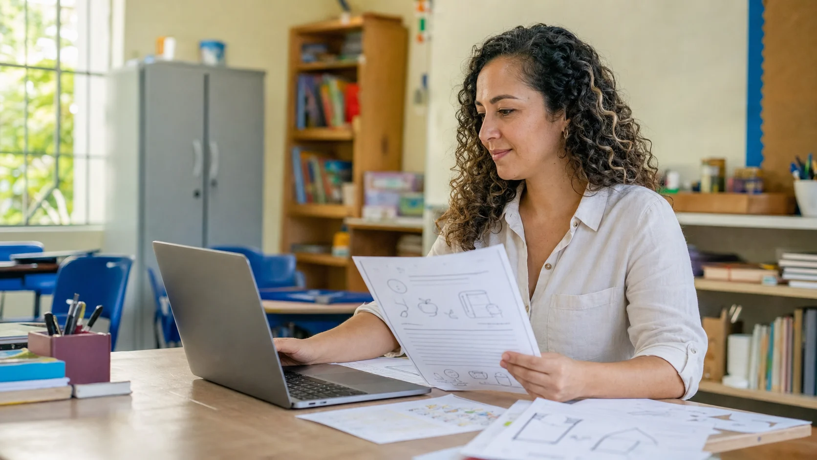 Professora usando atividades prontas e inteligência artificial para planejar aula