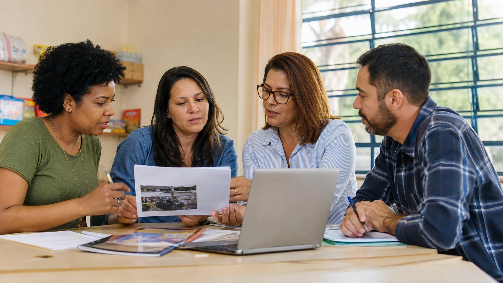 Professores e coordenadora usando materiais pedagógicos digitais e atividades prontas