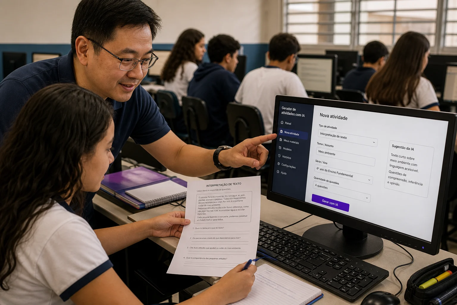 Professor usando IA para criar atividades escolares